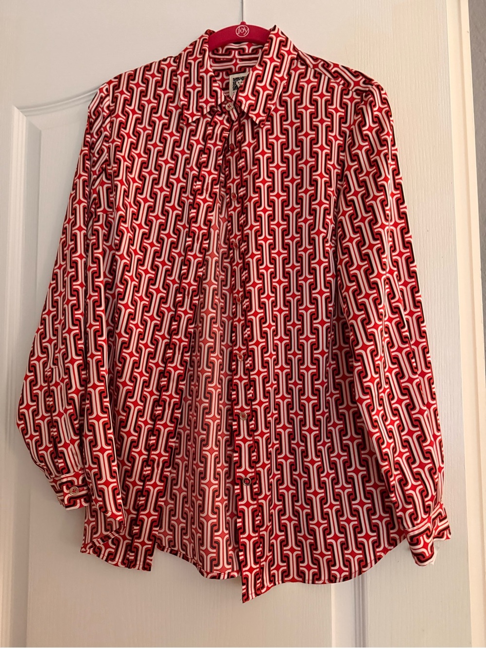 Anne Klein Red and White Geometric Tie-Neck Blouse
